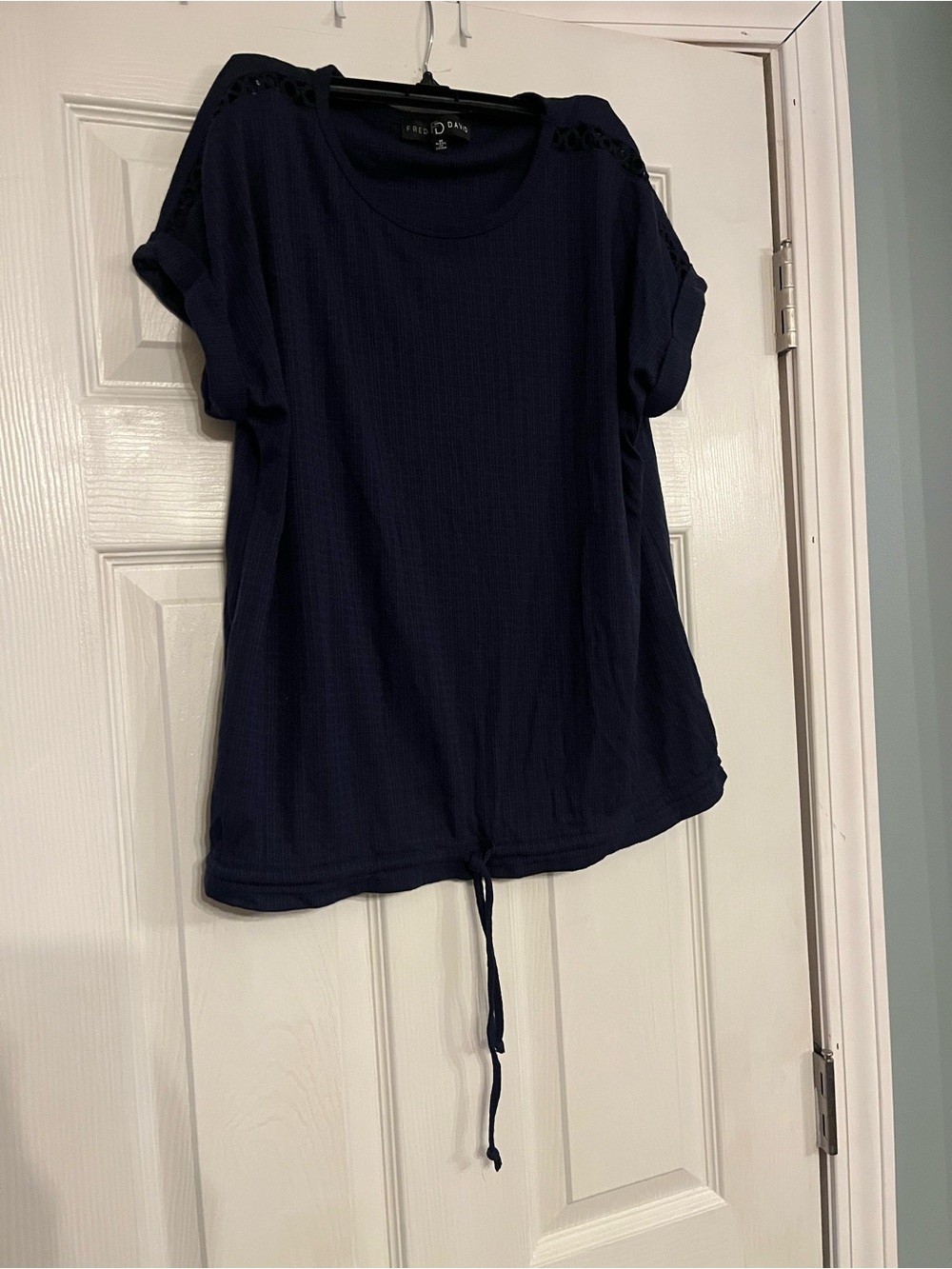 Fred David Navy Short-Sleeve Tie-Hem Top with Lace Shoulders